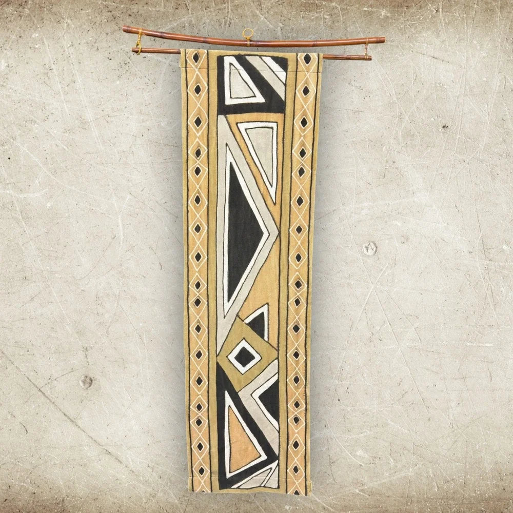 African Mud Cloth Wall Hanging Geometric Hand Painted Textile Art w/ Bamboo Rod‎